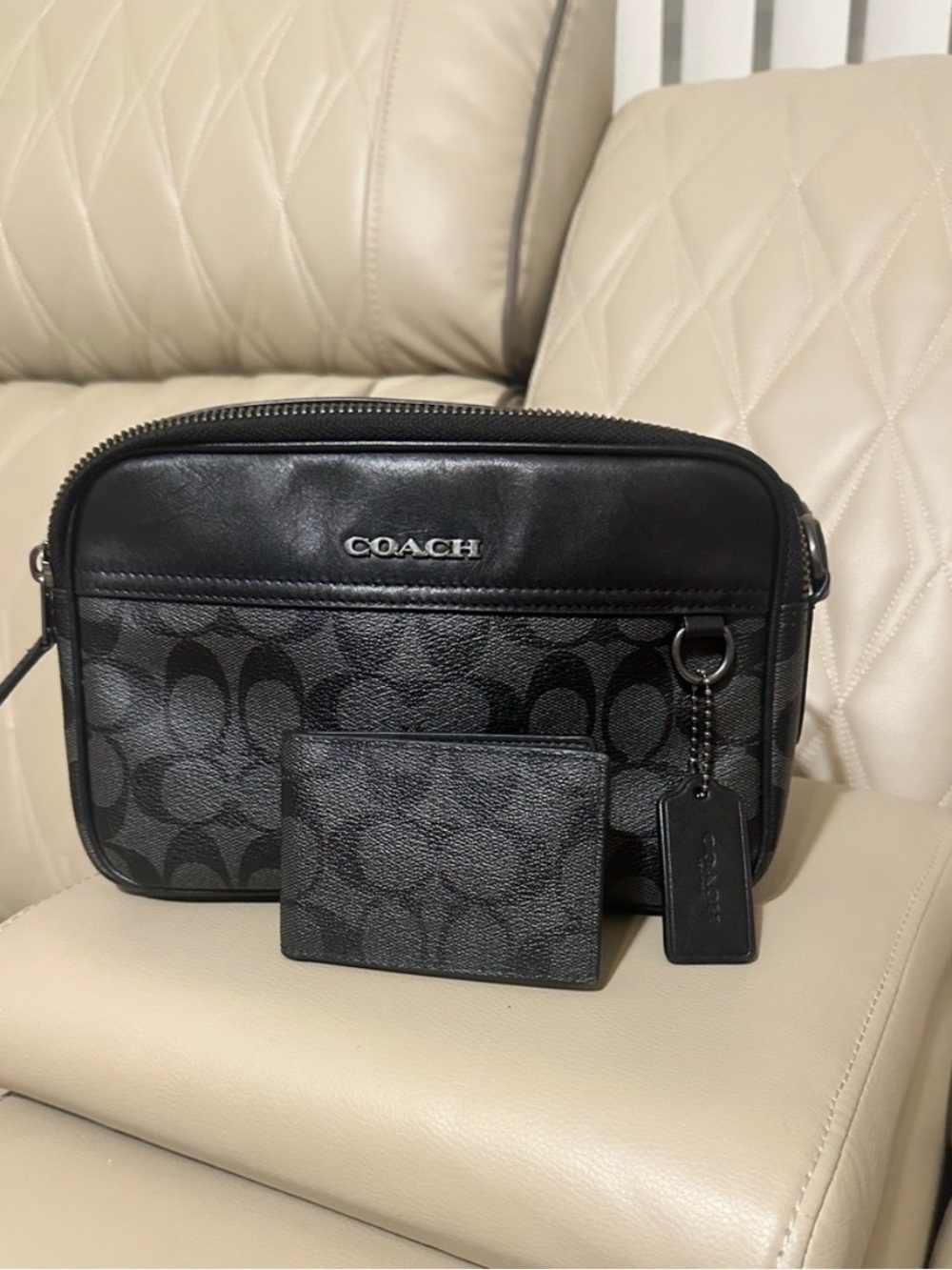 COACH Black Signature Canvas Belt Bag with Card Case